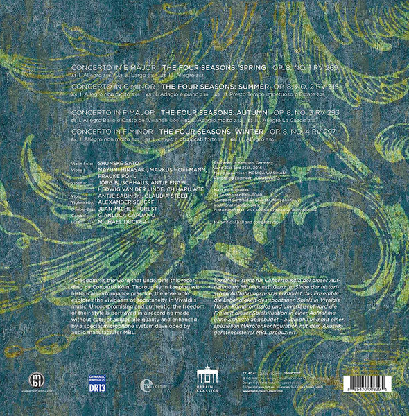 Image of Back Cover of CD - VG+/VG+ - VIVALDI*, CONCERTO K LN, SHUNSKE SATO, The Four Seasons (Berlin Classics; 0300829BC, Germany 2016, Digipak, Booklet), ,  - 1036008E