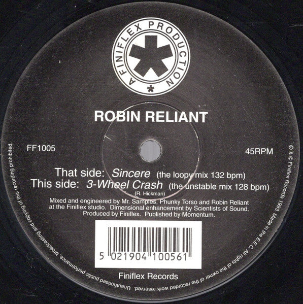 Image of Front Cover of 12" - /VG - ROBIN RELIANT, Sincere (Finiflex; FF1005, UK 1994, Plain Sleeve), Strong VG,  - 1546156S