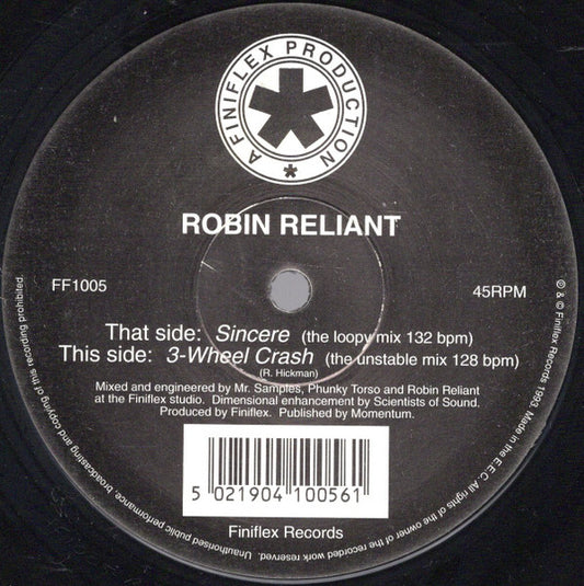 Image of Front Cover of 12" - /VG - ROBIN RELIANT, Sincere (Finiflex; FF1005, UK 1994, Plain Sleeve), Strong VG,  - 1546156S