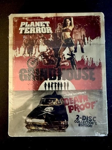 Image of Front Cover of Blu-Ray - VG+/M - ROBERT RODRIGUEZ/QUENTIN TARANTINO, Planet Terror/Grindhouse/Death Proof (Weinstein Company; WN5721, Europe 2018, Steelbook), Still SEALED in shrinkwrap. Some light marks & small rip on shrinkwrap.,  - 1016128C