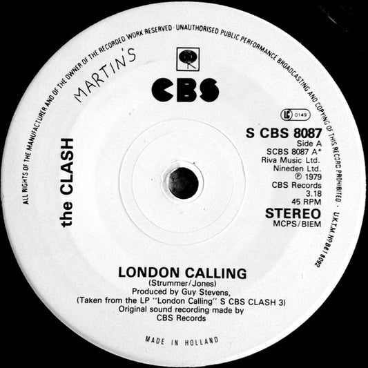Image of Front Cover of 7" - /VG - THE CLASH, London Calling / Armagideon Time (CBS; CBS 8087, Netherlands 1979, No Picture Sleeve), NO SLEEVE, Water Damage To Label,  - 1026063E