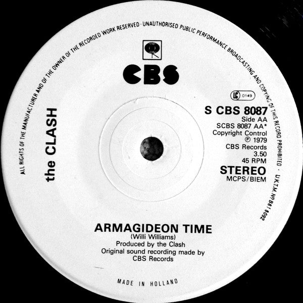 Image of Back Cover of 7" - /VG - THE CLASH, London Calling / Armagideon Time (CBS; CBS 8087, Netherlands 1979, No Picture Sleeve), NO SLEEVE, Water Damage To Label,  - 1026063E