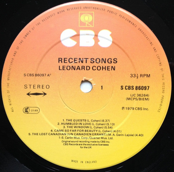 Image of Label Cover of 4624139E: LP - LEONARD COHEN, Recent Songs (CBS; 86097, UK 1979, Insert)   VG/G+