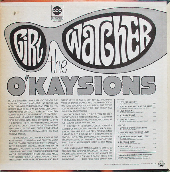 Image of Back Cover of LP - VG+/VG+ - THE O'KAYSIONS, Girl Watcher (ABC Records ; ABCS-664, US 1968, Company Inner), ,  - 1026101E