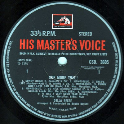 Image of Label Cover of LP - VG/G+ - DELLA REESE, One More Time! Recorded Live At The Playboy Club (His Master's Voice; CSD 3605, UK 1967, Laminated Flipback Sleeve), Quite a few light marks to disc.,  - 1016196C