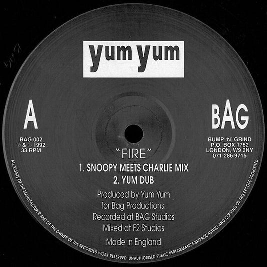 Image of Front Cover of 12" - /G+ - YUM YUM, Fire (Bag Records ; BAG 002, UK 1992), light marks and scuffs both sides,  - 1046076S
