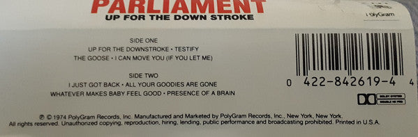 Image of Back Cover of Cassette - VG+/VG+ - PARLIAMENT, Up For The Down Stroke (Casablanca; 422 842 619-4, US 1990 Reissue, Clear Shell, Dolby HX Pro), ,  - 1016224C