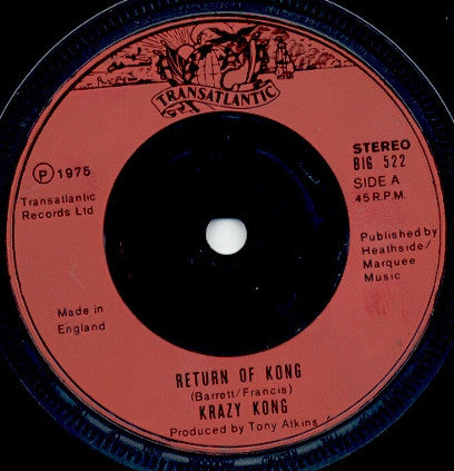 Image of Label Cover of 7" - VG/VG+ - KRAZY KONG (WILD WILLY BARRETT), Return Of Kong / Bus Shelter Reggae (Transatlantic Records; BIG 522, UK 1975, Picture Sleeve, Solid Centre), Splits on sleeve, looks nice still.,  - 1056052S