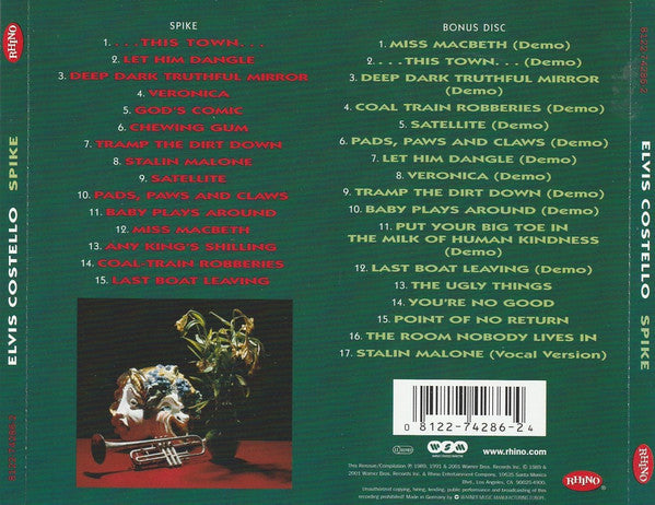Image of Back Cover of 2xCD - VG/VG+ - ELVIS COSTELLO, Spike (Rhino Records; 8122-74286-2, Europe 2001, Jewel Case), small cracks on jewel case,  - 1056080S