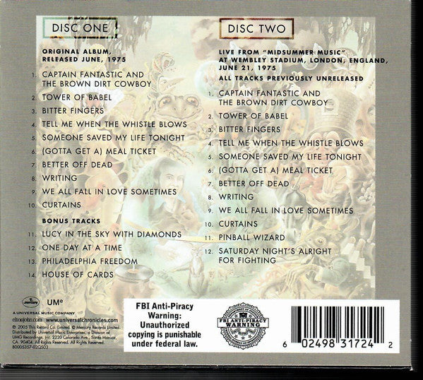 Image of Back Cover of 2xCD - EX/EX - ELTON JOHN, Captain Fantastic And The Brown Dirt Cowboy (Mercury; B0005357-02, US , Slipcase, Digipak), Opened in shop, unplayed,  - 1056103S