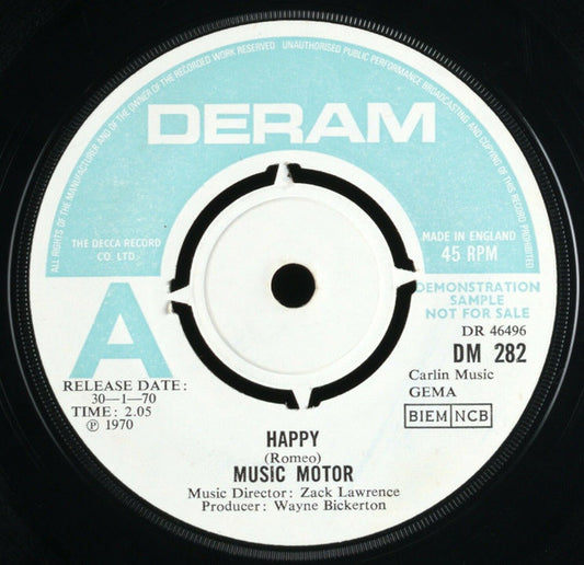Image of Front Cover of 7" - G+/VG - MUSIC MOTOR, Happy / Where Am I Going (Deram; DM 282, UK 1970, Promo, Company Sleeve), Sticker on Label,  - 1056023S