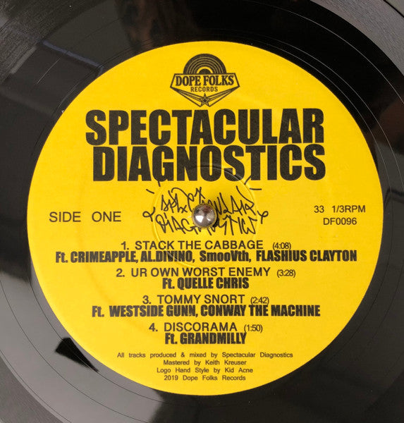Image of Back Cover of LP - VG+/VG+ - SPECTACULAR DIAGNOSTICS, S/T EP (Dope Folks; DF0096, US 2019, Company Sleeve, Limited Edition), , A1	Stack The CabbageFeaturing   Al.divino, Crimeapple, Flashius Clayton, SmoovthA2	Ur Own Worst EnemyFeaturing   Quelle ChrisA3	Tommy SnortFeaturing   Conway The Machine, Westside GunnA4	DiscoramaFeaturing   GrandmillyB1	Suite 93Featuring   Vic SpencerB2	Fela KutiFeaturing   QariB3	Rambo BarsFeaturing   Chris Crack, Conway The Machine, Nolan The NinjaB4	Devil'