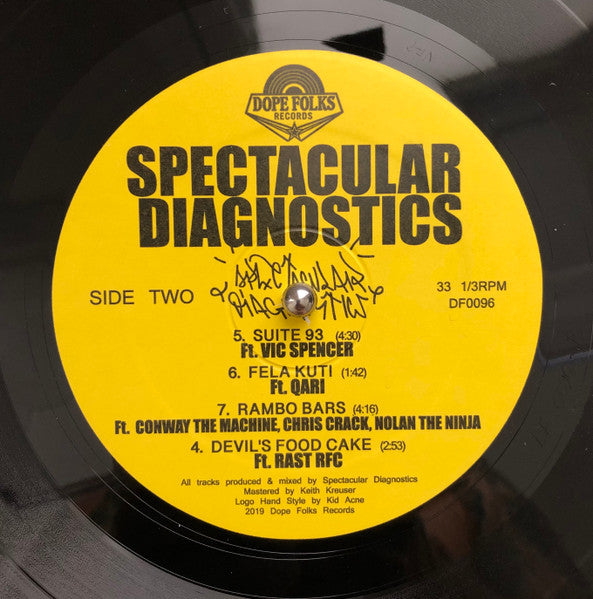 Image of Label Cover of LP - VG+/VG+ - SPECTACULAR DIAGNOSTICS, S/T EP (Dope Folks; DF0096, US 2019, Company Sleeve, Limited Edition), , A1	Stack The CabbageFeaturing   Al.divino, Crimeapple, Flashius Clayton, SmoovthA2	Ur Own Worst EnemyFeaturing   Quelle ChrisA3	Tommy SnortFeaturing   Conway The Machine, Westside GunnA4	DiscoramaFeaturing   GrandmillyB1	Suite 93Featuring   Vic SpencerB2	Fela KutiFeaturing   QariB3	Rambo BarsFeaturing   Chris Crack, Conway The Machine, Nolan The NinjaB4	Devil