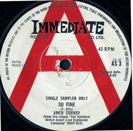 Image of Front Cover of 7" - /VG - AMEN CORNER, So Fine (Immediate; AS 3, UK 1969, Promo Sampler), Sticker on Label,  - 1056027S