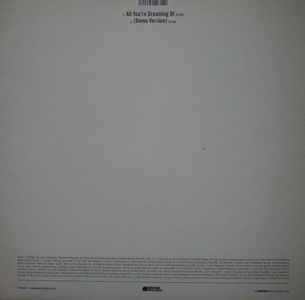 Image of Back Cover of 12" - NEW/NEW - LIAM GALLAGHER, All You're Dreaming Of... (Warner Records; 0190295148140, Europe 2020, 45 RPM, Single Sided, Single, Etched, Limited Edition, White Vinyl), ,  - 1036117E