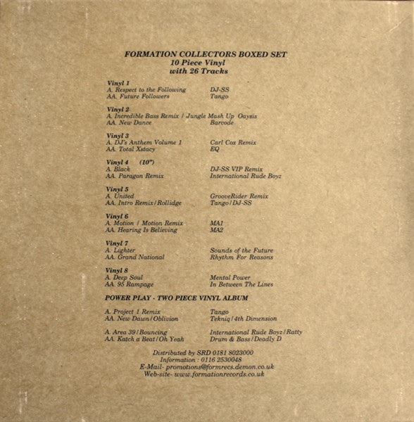 Image of Back Cover of 10xLP - VG+/VG+ - VARIOUS, Formation Records Collectors Boxed Set (1990 - 1997 Hardcore Drum & Bass Anthems) (Formation Records; , UK 1997, Box Set, Insert), Very Light Wear To Box,  - 2746230S