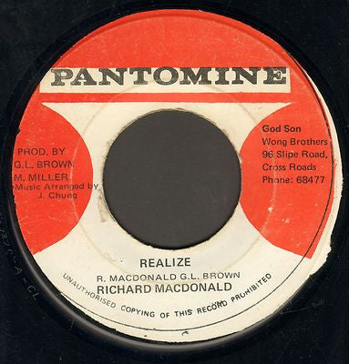 Image of Front Cover of 7" - /G - RICHARD MCDONALD, Realize (Pantomine; , Jamaica 1972), Loads of lines, has got background crackle and ticks here and there, not overpowering. Labels are almost completely rubbed off.,  - 1016481C