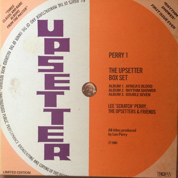 Image of Front Cover of 3xLP - VG/VG+ - LEE 'SCRATCH' PERRY, THE UPSETTERS & FRIENDS, The Upsetter Box Set (Trojan Records; PERRY 1, UK 1985, Box Set, 3 Inners, Limited Edition, No Barcode, White/Blue Labels), Light edge and corner wear to box. Strong seams. Nice clean discs.,  - 1046147S