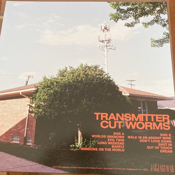 Image of Back Cover of LP - NEW/NEW - CUT WORMS, Transmitter (Jagjaguwar; JAG489LP-C1, Europe 2026, Indie Exclusive Clear Red Vinyl), , Transmitter is Max Clarke s fourth full-length record as Cut Worms. Produced by Jeff Tweedy at Wilco s Loft studio, Transmitter marks a deepening of Clarke s abilities and the convergence of two artists whose work searches for grace amid dislocation. These are places shaped by the myth of self-reliance, where people sold the idea of connection through technology have been r