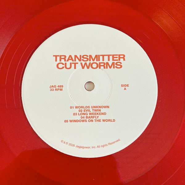 Image of Label Cover of LP - NEW/NEW - CUT WORMS, Transmitter (Jagjaguwar; JAG489LP-C1, Europe 2026, Indie Exclusive Clear Red Vinyl), , Transmitter is Max Clarke s fourth full-length record as Cut Worms. Produced by Jeff Tweedy at Wilco s Loft studio, Transmitter marks a deepening of Clarke s abilities and the convergence of two artists whose work searches for grace amid dislocation. These are places shaped by the myth of self-reliance, where people sold the idea of connection through technology have been 