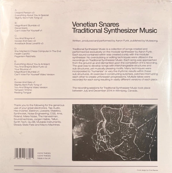 Image of Back Cover of 3xLP - NEW/NEW - VENETIAN SNARES, Traditional Synthesizer Music (10th Anniversary Edition) (Planet Mu; TIMESIG005X, Europe 2026, Standard Sleeve, Indie Exclusive Green, Blue & Pink Coloured Vinyl), , The tenth anniversary edition of Venetian Snares' Traditional Synthesizer Music adds ten more tracks and alternative versions previously available only on alimited edition compact disc from the artist's Bandcamp.Traditional Synthesizer Music is a collection of songs created and perform