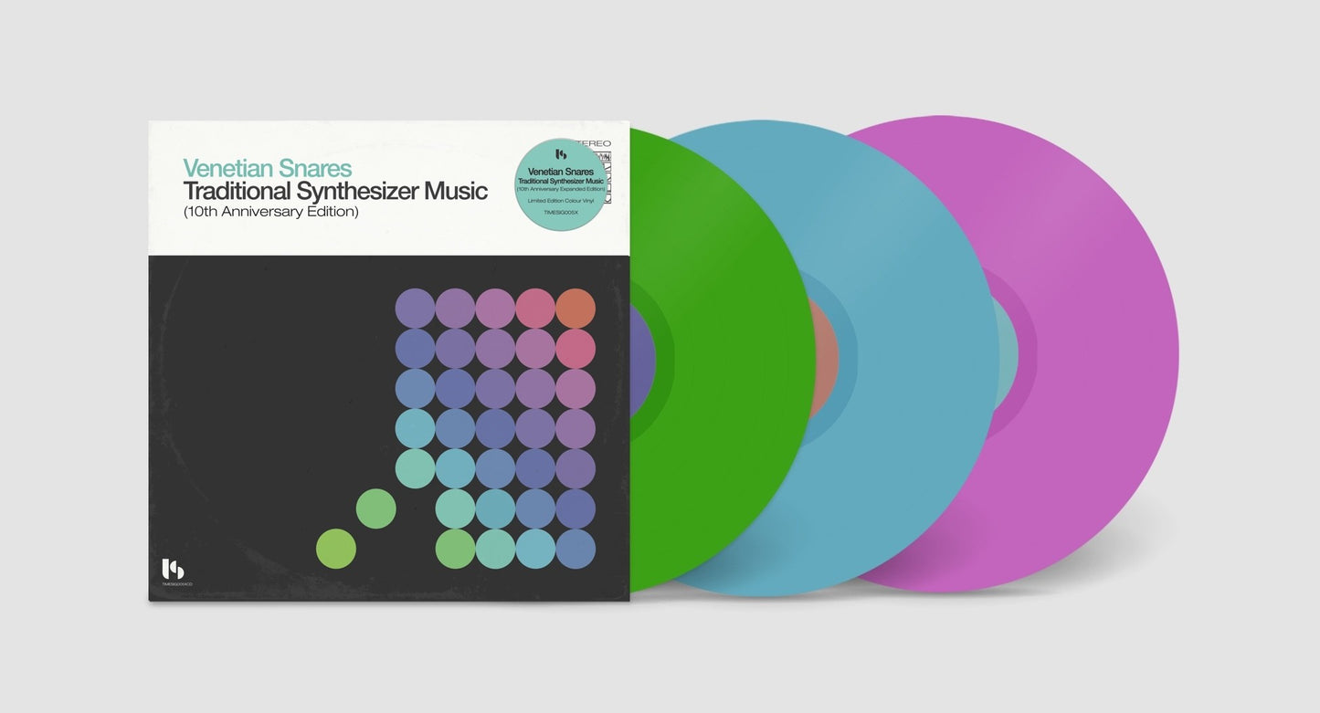 Image of Back Cover of 3xLP - NEW/NEW - VENETIAN SNARES, Traditional Synthesizer Music (10th Anniversary Edition) (Planet Mu; TIMESIG005X, Europe 2026, Standard Sleeve, Indie Exclusive Green, Blue & Pink Coloured Vinyl), , The tenth anniversary edition of Venetian Snares' Traditional Synthesizer Music adds ten more tracks and alternative versions previously available only on alimited edition compact disc from the artist's Bandcamp.Traditional Synthesizer Music is a collection of songs created and perform