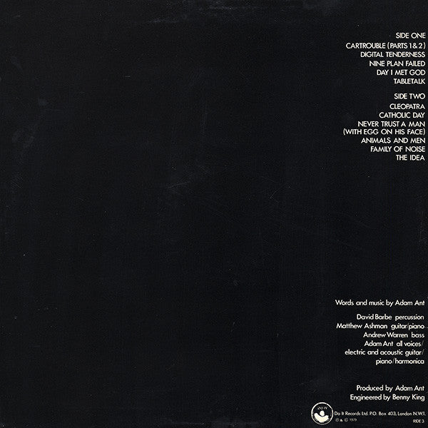 Image of Back Cover of LP - VG/VG - ADAM AND THE ANTS, Dirk Wears White Sox (Do It Records; RIDE 3, UK 1981 Reissue, Inner, Third pressing - No Date in runout, PO box address on back cover), Hairlines & light scratches, edge & ring wear, sticker mark,  - 4146021S