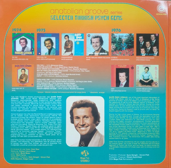 Image of Back Cover of LP - NEW/NEW -  AKIR  NER G NHAN, Anatolian Groove (Selected Turkish Psych Gems) (G ven Plak; none, Turkey 2024 Reissue, Gatefold, Compilation, Remastered, Melon Yellow Vinyl), , A fiery compilation of his 1974 1978 singles, mixing arabesk vocals with driving rhythms and swirling fuzz saz that give the record a hypnotic Anatolian psychedelic edge.  Includes  Deli Deli  and  Kara Ka l  Yar.  - 1116158C