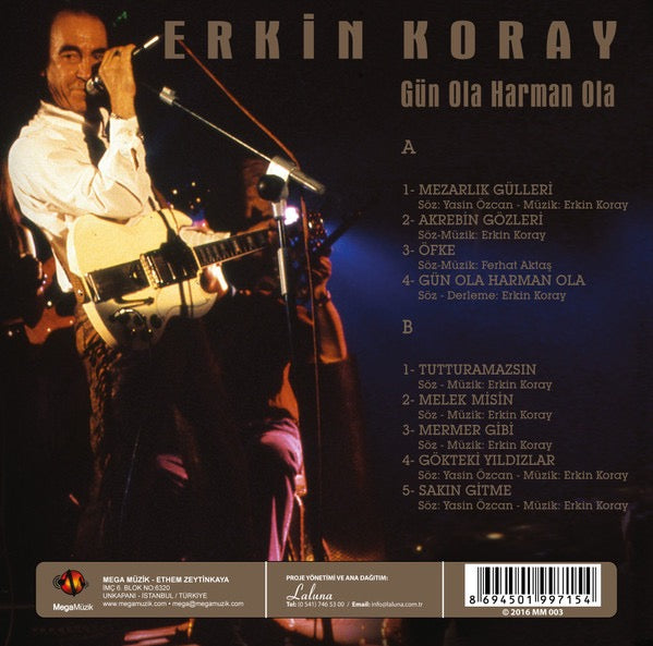 Image of Back Cover of LP - NEW/NEW - ERKIN KORAY, G n Ola Harman Ola (Mega M zik; MM 003, Turkey 2017 Reissue, Gatefold), , Erkin Koray   G n Ola Harman Ola (1996). A reflective return from the Anatolian rock pioneer, blending psychedelic guitar lines with folk tinged melodies and a mellow, contemplative mood. Includes  G n Ola Harman Ola  and  Akrebin G zleri.  - 1036128E