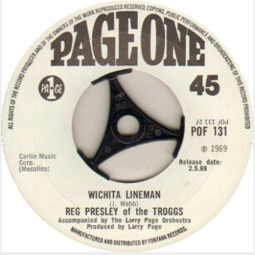 Image of Back Cover of 7" - /VG+ - REG PRESLEY, Lucinda Lee/Wichita Lineman (Page One; POF 131, UK 1969, Promo), Sticker on label.,  - 1056202S