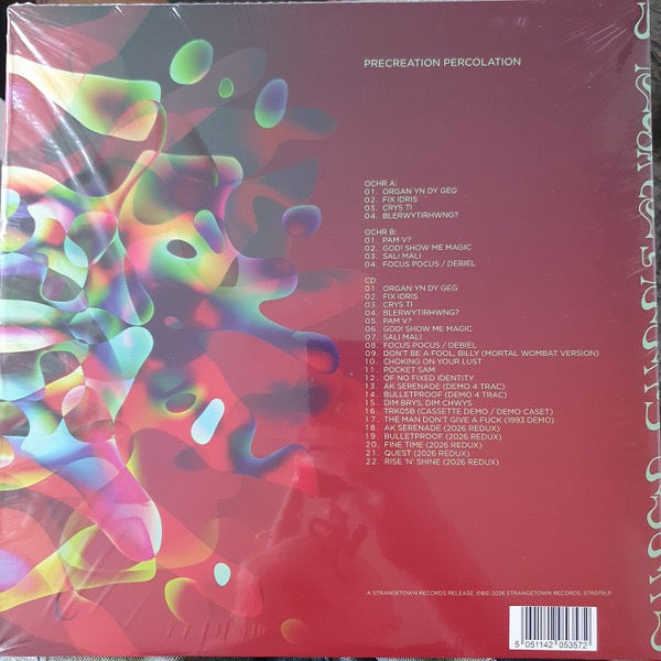 Image of Back Cover of LP - NEW/NEW - SUPER FURRY ANIMALS, Precreation Percolation (Strangetown; STR079VR, Europe 2026, Limited Edition Red Vinyl with Copy of CD in Slim Card Wallet), , The vinyl version of this release compiles the tracks from their two earliest EPs originally released by Ankst whilst the 22 track CD features further unreleased & unheard bonus tracks from this early era. Holding the world record for the longest ever EP title the first EP -Llanfairpwllgwyngyllgogerychwyndrobwllantysiliogogo