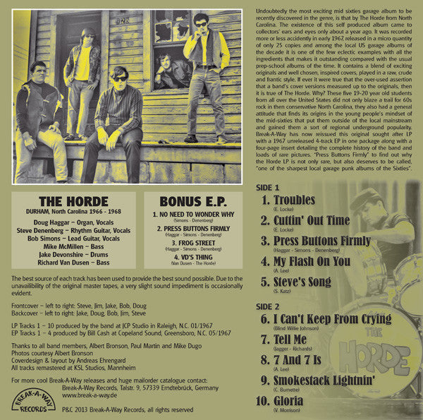 Image of Back Cover of LP - VG+/VG - THE HORDE, Press Buttons Firmly (Break-A-Way Records; BREAK 032, Germany 2013 Reissue, Insert, No 7"), Very light paper scuff hairlines, Strong VG, With Insert, No 7",  - 1016448C