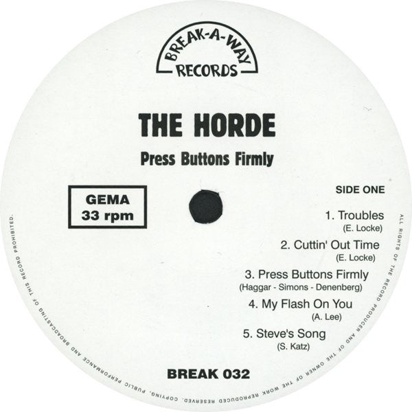 Image of Label Cover of LP - VG+/VG - THE HORDE, Press Buttons Firmly (Break-A-Way Records; BREAK 032, Germany 2013 Reissue, Insert, No 7"), Very light paper scuff hairlines, Strong VG, With Insert, No 7",  - 1016448C