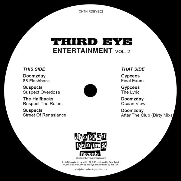 Image of Back Cover of 12" EP - VG+/VG+ - DOOMZDAY / SUSPECTS / THE HALFBACKS / GYPCEES, Third Eye Entertainment Vol.2 (Chopped Herring Records; CHTHIRDEYE02, UK 2021, Stickered Plain Sleeve, Green/Silver Vinyl), , A1 Doomzday   88 FlashbackA2 Suspects   Suspect OverdoseA3 The Halfbacks   Respect The RulesA4 Suspects   Street Of RenasianceB1 Gypcees   Final ExamB2 Gypcees   The LyricB3 Doomzday   Ocean ViewB4 Doomzday   After The Club (Dirty Mix) - 1016545C