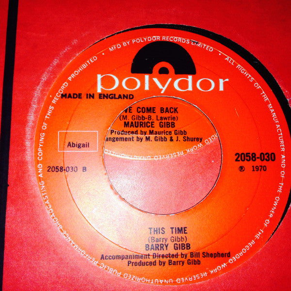 Image of Label Cover of 7" - G+/VG - BARRY GIBB, I'll Kiss Your Memory/This Time (Polydor; 2058-030, UK 1970, Company Sleeve), Sticker on label ,  - 1056208S