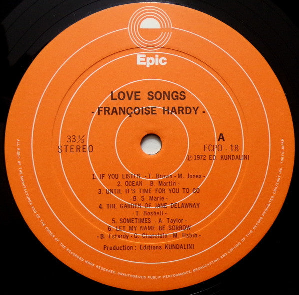 Image of Label Cover of LP - VG/VG - FRAN OISE HARDY, Love Songs (Epic; ECPO-18, Japan 1975 Reissue, Missing the OBI), ,  - 1026350E