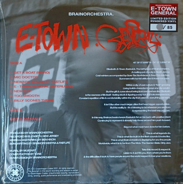 Image of Back Cover of LP - EX/EX - BRAINORCHESTRA., E-Town General (Copenhagen Crates; CC061, Denmark 2021, Red Vinyl. Limited Edition of 85), Sleeve still in shrinkwrap (opened). No: 41 of 85,  - 1046252S