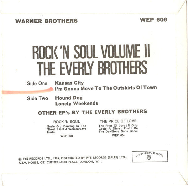 Image of Back Cover of 7" EP - VG/VG+ - THE EVERLY BROTHERS, Rock 'N Soul Vol. 2 (Warner Bros. Records ; WEP 609, UK 1965, Laminated Flipback Sleeve), Sticker Mark On Rear Sleeve,  - 1026056E