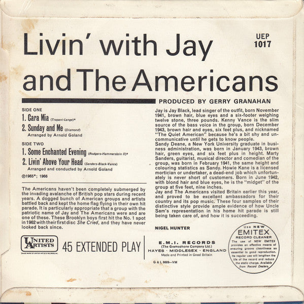 Image of Back Cover of 7" EP - VG+/VG - JAY & THE AMERICANS, Livin' With Jay And The Americans (United Artists Records ; UEP.1017, UK 1966), ,  - 1026052E