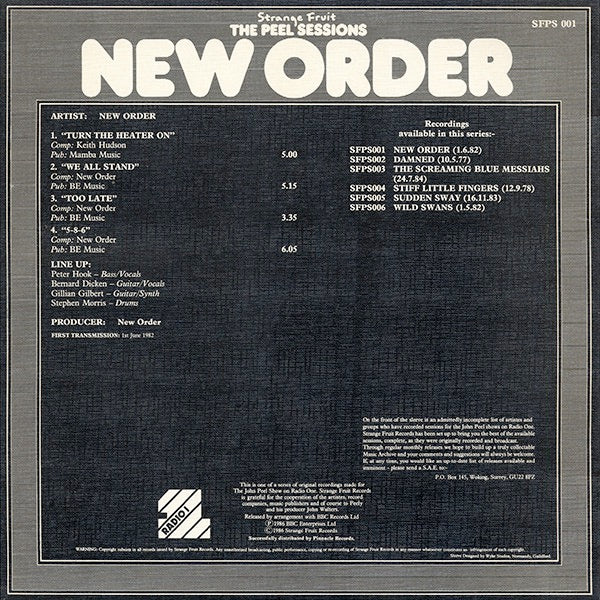 Image of Back Cover of 12" EP - VG/VG - NEW ORDER, The Peel Sessions (Strange Fruit; SFPS 001, UK 1986, Textured Sleeve, P.R. Records Pressing, Grey / black labels), Hairlines & scuffs, edge wear,  - 4046052S