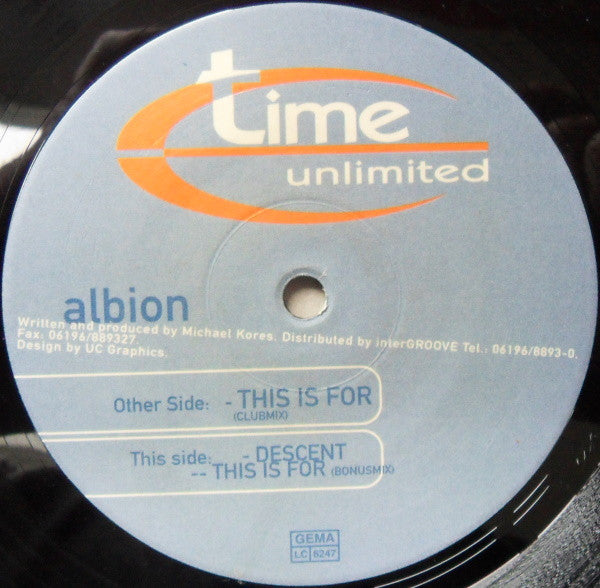 Image of Back Cover of 12" - VG/VG - ALBION, This Is For (Time Unlimited ; time 044-6, Germany 1996, Company Sleeve), Light Marks only.,  	A	This Is For (Club Mix)		B1	Descent	B2	This Is For (Bonus Mix) - 1026451E