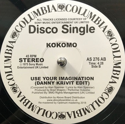 Image of Back Cover of 12" - /VG+ - KOKOMO, Use Your Imagination (Danny Krivit Edit) (Columbia; AS 276 AB, UK 2018, Plain Sleeve), , A	Use Your Imagination	4:07B	Use Your Imagination (Danny Krivit Edit) - 1026464E