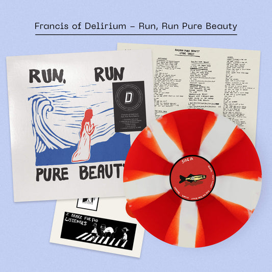 Image of Front Cover of LP - NEW/NEW - FRANCIS OF DELIRIUM, Run, Run Pure Beauty - Dinked Edition (Dalliance Recordings; DR1126LPDINK, UK 2026, Poster, Stickers, Cornetto red vinyl, Alternative artwork sleeve, Francis of Delirium A4 sticker sheet,Lyric poster, Limited pressing of 500, DINKED Edition Number 397), , Francis of Delirium follows up her acclaimed debut album with Run, Run Pure Beauty. Featuring the singles  Little Black Dress  and  It s a Beautiful Life , it serves as an excavation of hope in b
