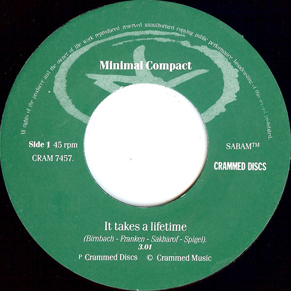 Image of Label Cover of 7" - G+/VG - MINIMAL COMPACT, It Takes A Lifetime / Introspection. (Crammed Discs; CRAM 7457, Belgium 1982, Picture Sleeve), Slight crease and rip to cover. ,  - 1156000S