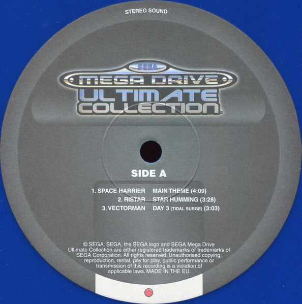 Image of Front Cover of 12" - /G+ - VARIOUS, SEGA Mega Drive Ultimate Collection (Sega; SEG AS MDU C001, Europe 2009, No Sleeve, Blue Vinyl), Lower end of G+ extensive scuffs and marks., A1		Space Harrier - Main Theme	A2		Ristar - Star Humming	A3		Vectorman - Day 3 (Tidal Surge)	B1		Golden Axe - Turtle Village	B2		Phantasy Star 2 - Restration	B3		Vectorman 2 - Scene 18 (Shout And Twist)	Double-sided vinyl record included with special pre-orders of the SEGA Mega Drive Ultimate Collection (Sonic's Ultim