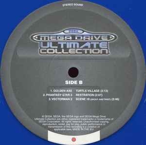 Image of Back Cover of 12" - /G+ - VARIOUS, SEGA Mega Drive Ultimate Collection (Sega; SEG AS MDU C001, Europe 2009, No Sleeve, Blue Vinyl), Lower end of G+ extensive scuffs and marks., A1		Space Harrier - Main Theme	A2		Ristar - Star Humming	A3		Vectorman - Day 3 (Tidal Surge)	B1		Golden Axe - Turtle Village	B2		Phantasy Star 2 - Restration	B3		Vectorman 2 - Scene 18 (Shout And Twist)	Double-sided vinyl record included with special pre-orders of the SEGA Mega Drive Ultimate Collection (Sonic's Ultima