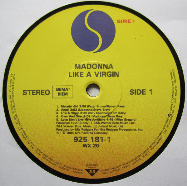 Image of Label Cover of LP - VG/VG+ - MADONNA, Like A Virgin (Sire; 925 181-1, Europe 1985, Rear Sleeve Upside Down, Inner, GEMA BIEM Rights, Madonna in Plain Text on Labels), ,  - 3526172E