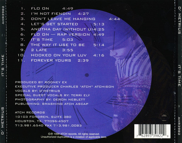 Image of Back Cover of CD - VG/VG+ - D' METRIUS, It's Time (Atch Records; ATC 0005, US 1999), ,  - 1156013S