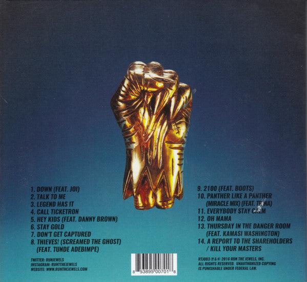 Image of Back Cover of CD - VG/VG+ - RUN THE JEWELS, Run The Jewels 3 (Run The Jewels, Inc.; RTJ003, US 2017, Digipak, Poster), ,  - 1156014S
