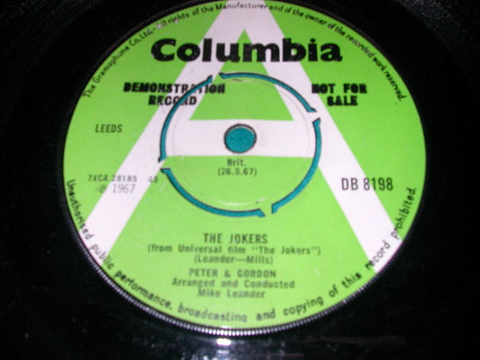 Image of Front Cover of 7" - G+/VG - PETER & GORDON, The Jokers / Red, Cream And Velvet (Columbia; DB 8198, UK 1967, Promo, Company Sleeve), Stikcer on Label,  - 1156030S